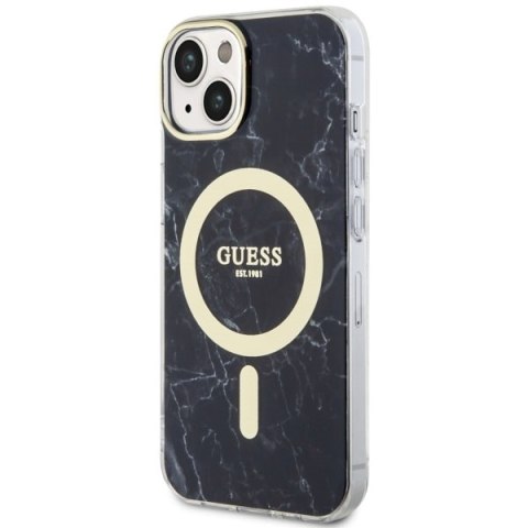 Etui na telefon iPhone 14 Guess Marble MagSafe czarne - eleganckie akcesorium