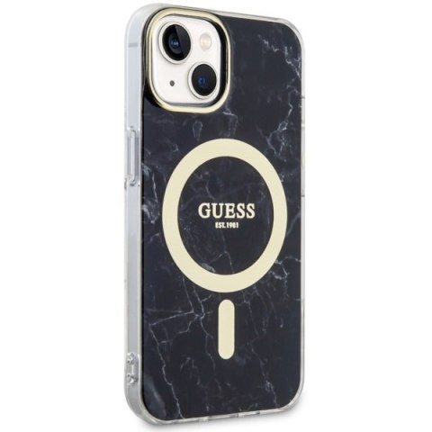 Etui na telefon iPhone 14 Guess Marble MagSafe czarne - eleganckie akcesorium