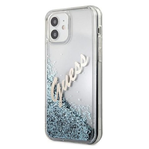 Etui iPhone 12 mini Guess GUHCP12SGLVSBL niebieski hardcase Glitter Vintage Script