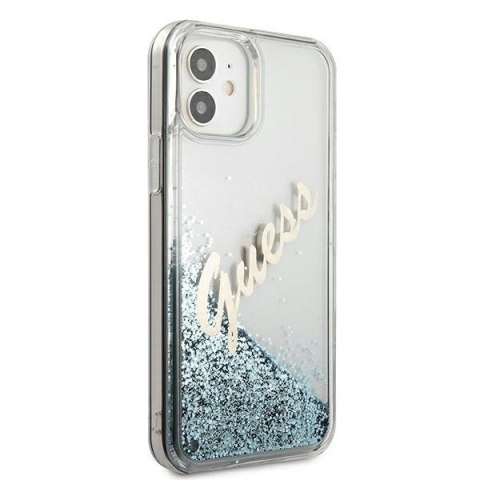 Etui iPhone 12 mini Guess GUHCP12SGLVSBL niebieski hardcase Glitter Vintage Script