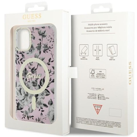 Etui na telefon iPhone 11/XR Guess Flower MagSafe różowe