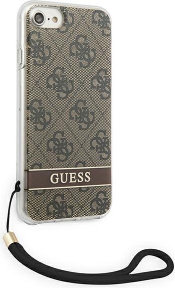 Etui na telefon iPhone SE 2022/2020/8/7 Guess 4G Print Strap brązowe