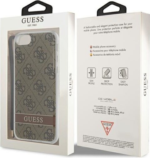 Etui na telefon iPhone SE 2022/2020/8/7 Guess 4G Print Strap brązowe