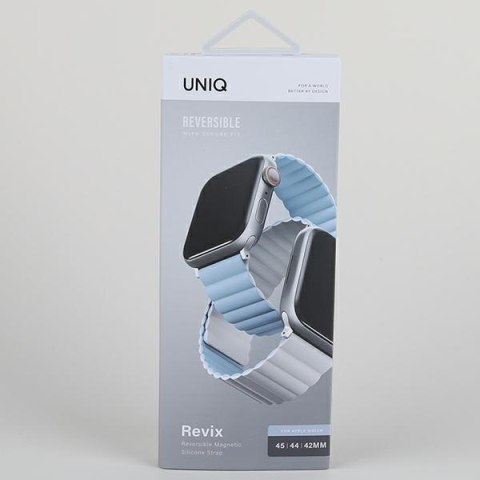 Pasek UNIQ Revix Apple Watch 4/5/6/7/SE/8/9/Ultra 44/45/49mm Reversible Magnetic biały-niebieski/white-blue