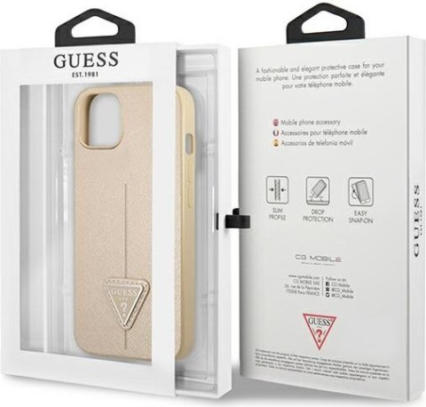 Etui na telefon iPhone 13 mini Guess beżowe hardcase Saffiano