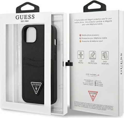 Etui na telefon iPhone 13 mini Guess czarne Saffiano z miejscem na karty