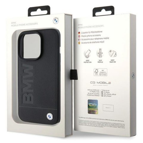 Etui na telefon iPhone 15 Pro Max BMW czarne MagSafe Leather Hot Stamp