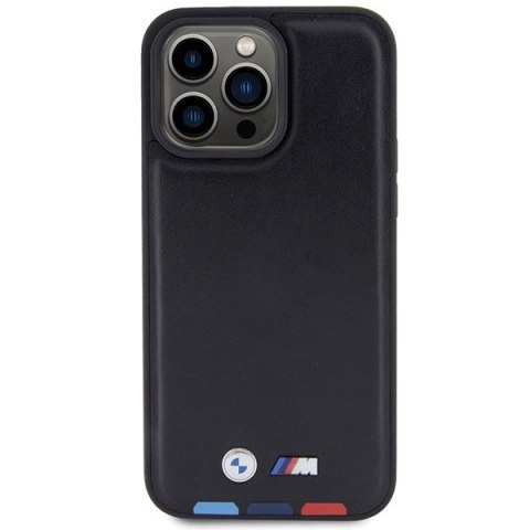 Etui na telefon iPhone 15 Pro Max BMW czarne Leather Stamp Tricolor