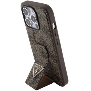 Etui na telefon iPhone 15 Pro Max Guess Grip Stand 4G Triangle Strass brązowe