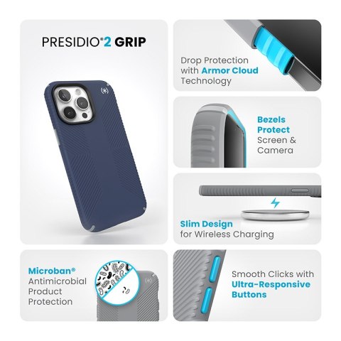 Etui na telefon iPhone 15 Pro Max Speck Presidio2 Grip niebieskie szare białe