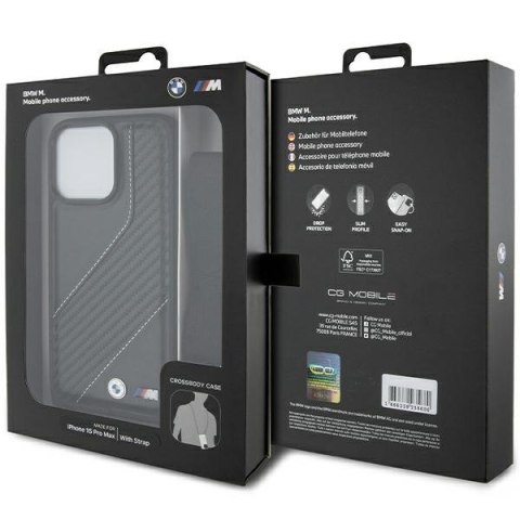 Etui iPhone 15 Pro Max BMW czarne hardcase M Edition Carbon Stripe & Strap