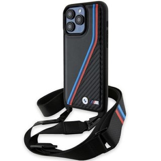 Etui iPhone 15 Pro Max BMW czarne hardcase M Edition Carbon Tricolor Lines & Strap