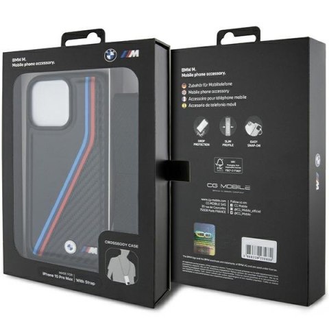 Etui na telefon iPhone 15 Pro Max BMW Carbon Tricolor Lines & Strap