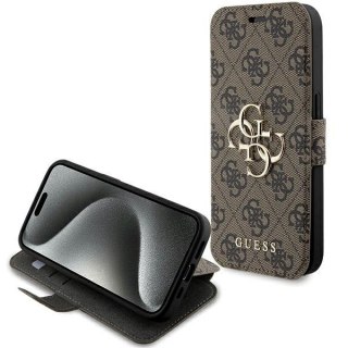 Etui na telefon iPhone 15 Pro Max Guess brązowy book 4G Metal Logo