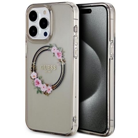 Etui na telefon iPhone 15 Pro Max Guess IML Kwiaty MagSafe czarne