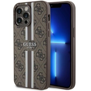 Etui na telefon iPhone 15 Pro Max Guess MagSafe brązowe 4G Printed Stripes