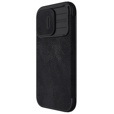 Etui na telefon iPhone 15 Pro Nillkin Qin Leather Pro czarne z osłoną aparatu