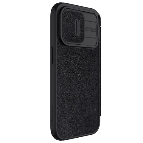 Etui na telefon iPhone 15 Pro Nillkin Qin Leather Pro czarne z osłoną aparatu