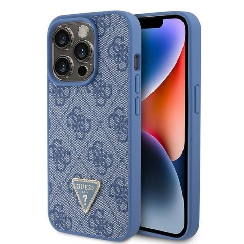 Etui na telefon iPhone 15 Pro Guess niebieskie skórzane z kryształkami