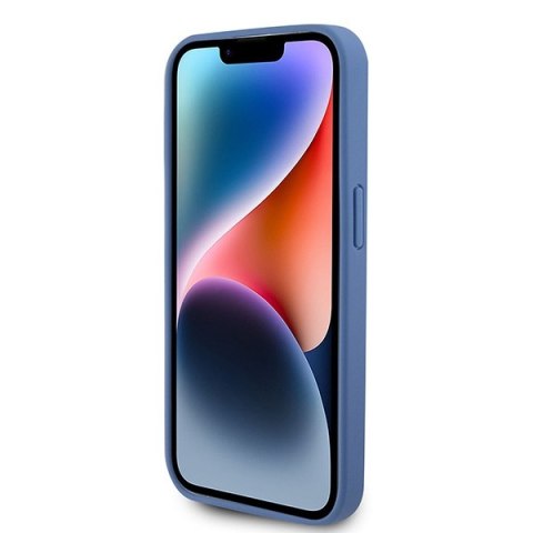 Etui na telefon iPhone 15 Pro Guess niebieskie skórzane z kryształkami