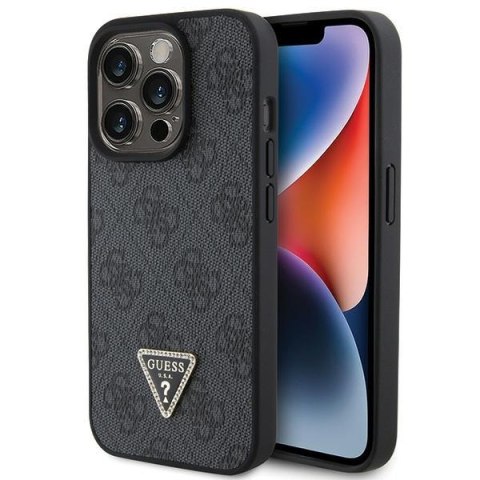 Etui na telefon iPhone 15 Pro Guess czarne skórzane Diamond Triangle