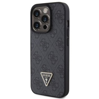 Etui na telefon iPhone 15 Pro Guess czarne skórzane Diamond Triangle