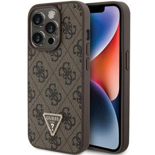 Etui na telefon iPhone 15 Pro Guess brązowe skórzane z kryształkami