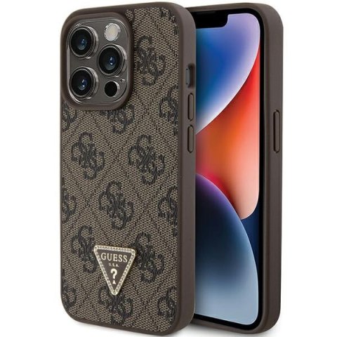 Etui na telefon iPhone 15 Pro Guess brązowe skórzane z kryształkami