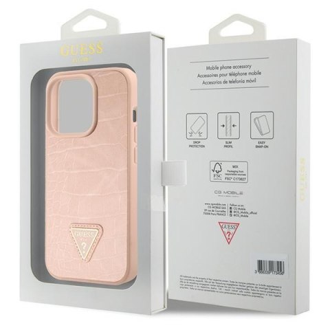 Etui na telefon iPhone 15 Pro Guess różowe hard case Croco Triangle