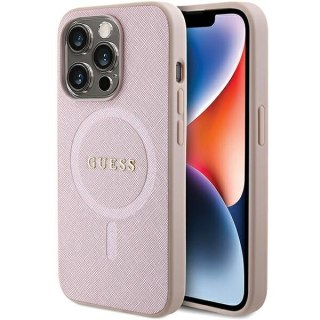 Etui na telefon iPhone 15 Pro Guess Saffiano MagSafe różowe