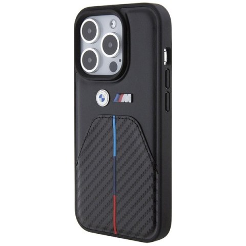 Etui na telefon iPhone 15 Pro BMW czarne Stamped Tricolor Stripe