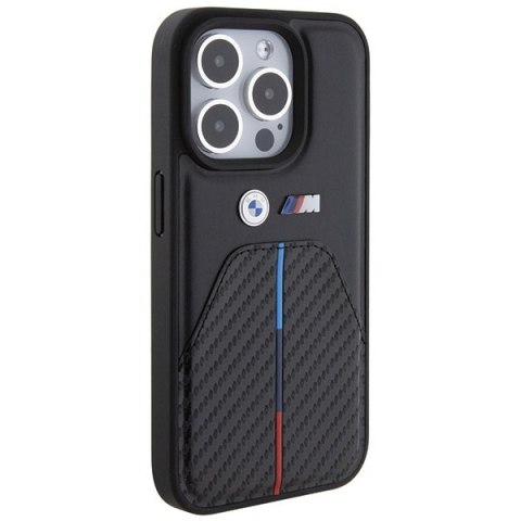 Etui na telefon iPhone 15 Pro BMW czarne Stamped Tricolor Stripe