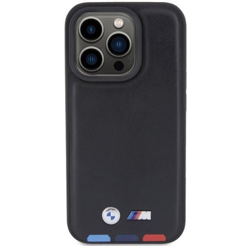 Etui iPhone 15 Pro BMW czarne Leather Stamp Tricolor