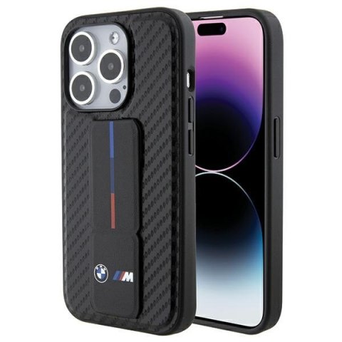 Etui iPhone 15 Pro BMW czarne hardcase Grip Stand Smooth & Carbon