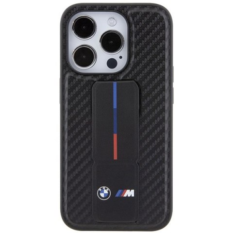 Etui iPhone 15 Pro BMW czarne hardcase Grip Stand Smooth & Carbon