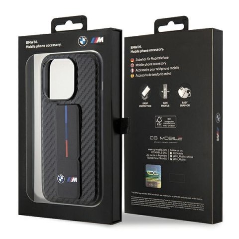 Etui iPhone 15 Pro BMW czarne hardcase Grip Stand Smooth & Carbon