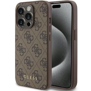 Etui na telefon iPhone 15 Pro Guess brązowe hard case 4G Metal Gold Logo