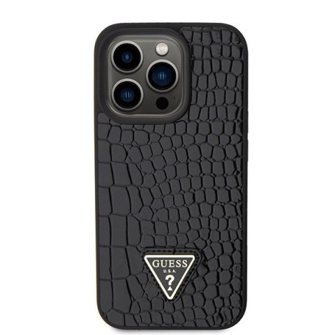 Etui na telefon iPhone 15 Pro Guess czarne Croco Triangle Metal Logo