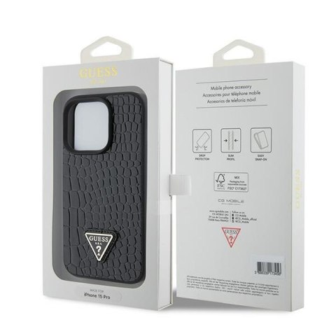 Etui na telefon iPhone 15 Pro Guess czarne Croco Triangle Metal Logo