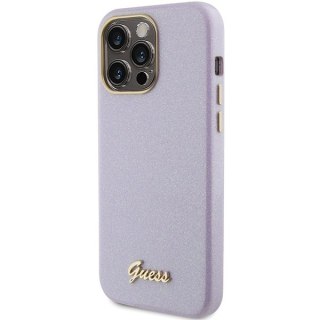 Etui na telefon iPhone 15 Pro Guess liliowe Glitter Glossy Script