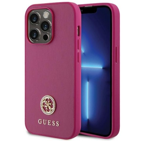 Etui na telefon iPhone 15 Pro Guess różowe hardcase Strass Metal Logo