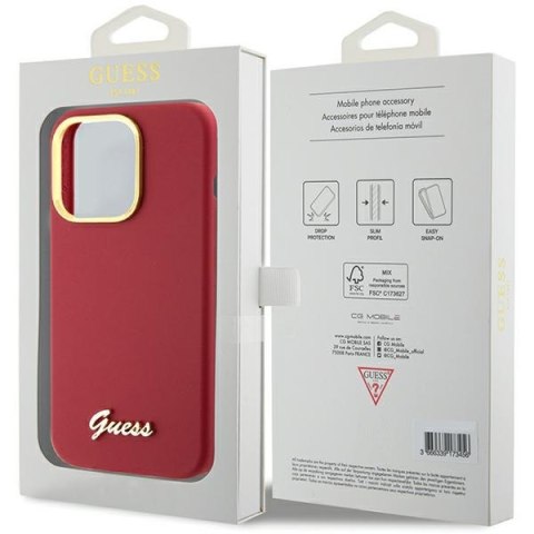 Etui na telefon iPhone 15 Pro Guess magenta silikonowe z metalowym logo