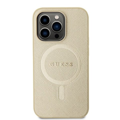 Etui na telefon iPhone 15 Pro Guess Saffiano MagSafe złote