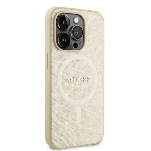 Etui na telefon iPhone 15 Pro Guess Saffiano MagSafe złote