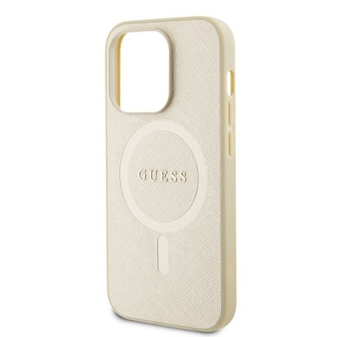 Etui na telefon iPhone 15 Pro Guess Saffiano MagSafe złote