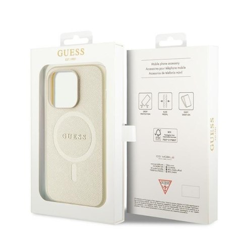 Etui na telefon iPhone 15 Pro Guess Saffiano MagSafe złote