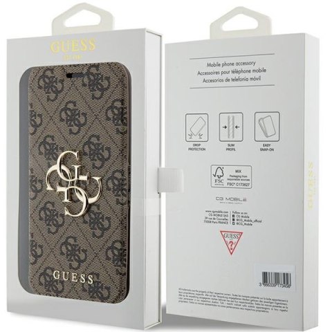 Etui na telefon iPhone 15 Pro Guess brązowy book 4G Metal Logo