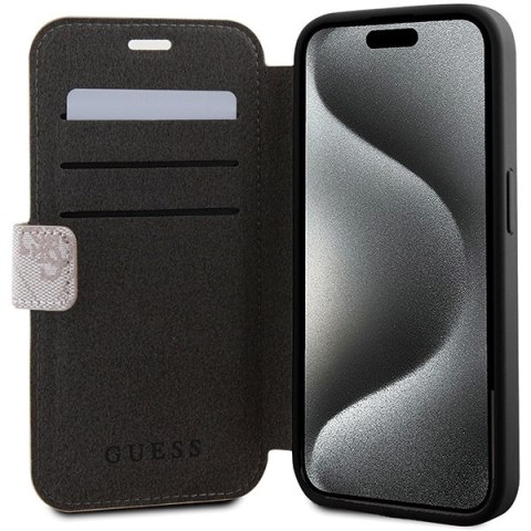 Etui na telefon iPhone 15 Pro Guess różowy book 4G Metal Logo