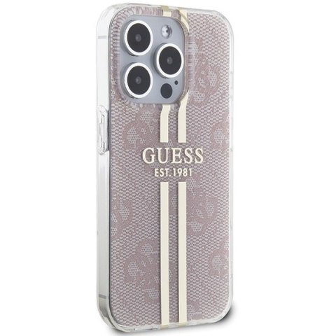 Etui na telefon iPhone 15 Pro Guess różowe hard case 4G Gold Stripe