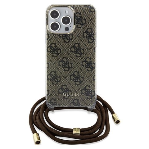 Etui na telefon iPhone 15 Pro Guess brązowe hard case Crossbody Cord